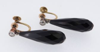 PAIR OF DIAMOND & BELIEVED ONYX DROP EARRINGS, in yellow metal setting