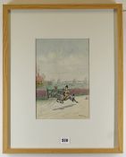 OSCAR LARUM ink and watercolour, caricature of a gentleman riding galloping horse being chased by