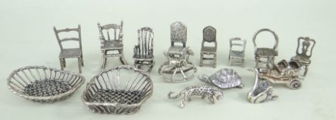 COLLECTION OF SILVER MINIATURES, including 800 and 925 standard chairs, animals, baskets, birds,