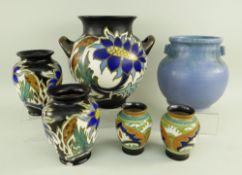 FIVE GOUDA (HOLLAND) ART POTTERY VASES and a Ruskin-style grey blue glazed vase (6)