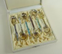 CASED SET OF SIX NORWEGIAN SILVER & ENAMEL KRISTIAN HESTENES COFFEE SPOONS, stamped 'Sterling 925S