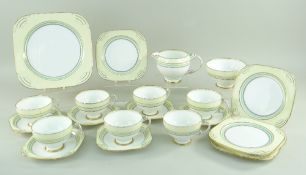 STYLISH PARAGON BONE CHINA ART DECO PART TEA SERVICE, lemon, green and gilt bands, printed marks '