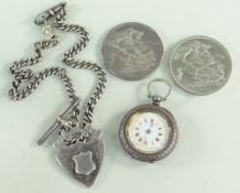 ASSORTED SILVER COINS & WATCHES to include silver fancy fob watch, silver 'T' bar pocket watch chain