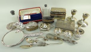 ASSORTED SILVER COLLECTABLES including two cigarette boxes, silver back hand mirror, several salt