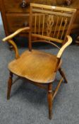 VICTORIAN ELM & FRUITWOOD MENDLESHAM ARMCHAIR with ball mounted stick back with pierced splat,