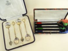 CASED SET OF FOUR STERLING SILVER PENCILS POSSIBLY FOR BRIDGE, together with cased set of four