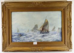 LATE 19TH CENTURY ENGLISH SCHOOL oil on card - fishing vessels in choppy waters, 20 x 50cms