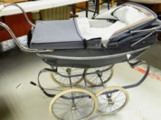 VINTAGE SILVER CREST GREY PRAM with turned white wood handle, 94cms long