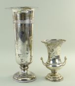 TWO SILVER VASES, one tall vase by Walker & Hall, Sheffield 1928, 11.5oz, 23cms high, engraved foot,