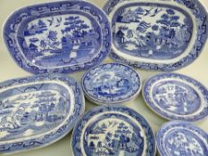 GROUP OF 19TH CENTURY BLUE & WHITE PRINTED POTTERY, including four Willow pattern meat platters,