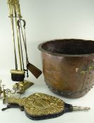 ASSORTED FIRE PLACE FURNITURE, including large riveted copper log bin, 48cms diam., brass bellows,