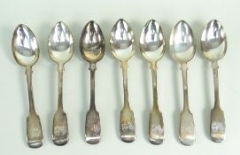 SET OF SEVEN SILVER SPOONS, LONDON 1922, of fiddle pattern with engraved initials, 190.9gms (7)