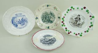 FOUR 19TH CENTURY POTTERY COCKLE OR NURSERY PLATES, including plates printed 'The Italian Savoyard',