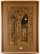 PETER NUTTALL ink, watercolour and chalk - church interior with butterfly, signed and dated '83,