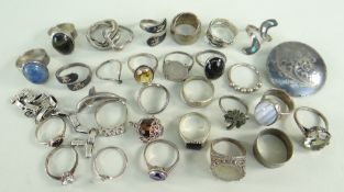 ASSORTED WHITE METAL & SILVER JEWELLERY comprising twenty seven rings some gem and coin set, two