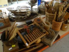 LARGE ASSORTMENT OF WOOD & METAL UTENSILS & DECORATIVE ITEMS including butter pats, spurtles, abacus