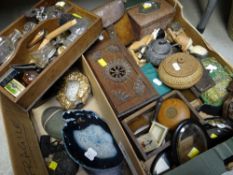 ASSORTED DECORATIVE MODERN & VINTAGE ORNAMENTS including boxes, wood doll, glass flasks, polished