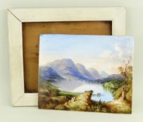 ENGLISH PAINTED PORCELAIN PLAQUE, depicting a highland view of Loch Achray, mountains in the