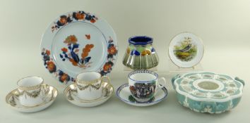 PAIR OF EARLY 19TH CENTURY PORCELAIN COFFEE CANS & SAUCERS, decorated with garlands en grisaille,