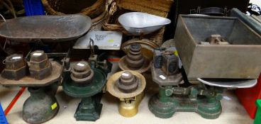 SIX VARIOUS KITCHEN WEIGHING SCALES including one by Avery and associated weights