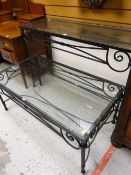 TWO PATINATED METAL AND GLASS CONSERVATORY TABLES, including a narrow side table, 120 x 40 x