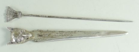 SILVER FOX HEAD LETTER OPENER, CHESTER 1904, together with a silver meat skewer having crown