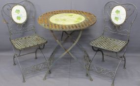 FRENCH STYLE METAL GARDEN FURNITURE comprising circular table and a pair of chairs, 76cms table