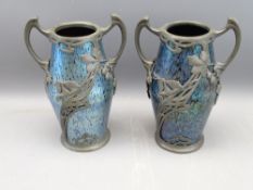 ART NOUVEAU IRIDESCENT GLASS & PEWTER MOUNTED VASES, a pair, possibly Loetz Austria, Rubin