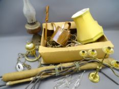 EROTIC BRASS ORNAMENTS, approx 8cms H, iron based oil lamp, glass lustres, lighting and metalware, a