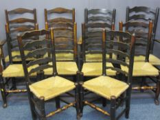 TEN RUSH SEATED LADDER BACK CHAIRS - a set of eight with shaped backs (6 + 2) plus another two