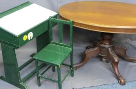 LATE VICTORIAN MAHOGANY TILT-TOP BREAKFAST TABLE and a vintage green painted child's desk and chair,