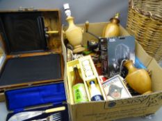 SCREEN PRINTERS BOX WITH ROLLER and a quantity of other miscellany items including treen lamps,