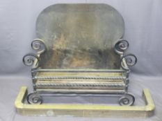 WROUGHT IRON INGLENOOK FIRE BASKET with twist front and side rails, scrolled feet and a solid shaped
