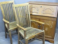 TEAK ELBOW CHAIRS (GARDEN ?) with high backs and a modern polished bureau with carved detail