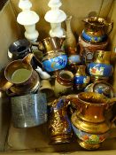 VICTORIAN COPPER LUSTRE, Serpentine stone tobacco jar and cover, a pair of alabaster table lamps