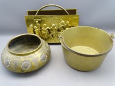 EASTERN BRASS PLANTER embossed decoration to the edges, 34cms diameter, swing handled brass jam