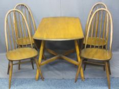 ERCOL MEDIUM ELM DROP-LEAF DINING TABLE & FOUR HIGH HOOP STICK BACK CHAIRS, 71cms H, 112cms W, 66cms