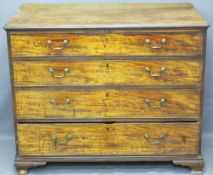 MAHOGANY CHEST OF FOUR LONG DRAWERS with swan neck handles, on bracket feet, 90cms H, 110cms W,