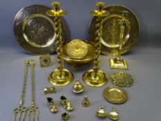 EXCELLENT OPEN TWIST BRASS CANDLESTICKS, a pair, 41cms H along with other collectable brass ware
