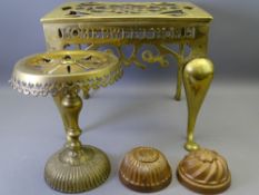 VICTORIAN 'HOME SWEET HOME' PIERCED BRASS FOOTMAN, copper kettle stand and two copper and tin