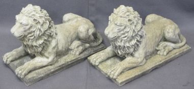 STONEWARE LIONS, A PAIR, on plinths, 30cms H, 42cms W, 22cms D