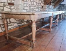 CIRCA 18TH CENTURY & LATER 20FT LONG REFECTORY TABLE on turned supports with cross stretchers, 71cms