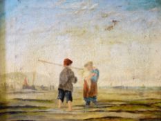 STYLE OF WILLIAM COLLINS oil on canvas - coastal scene, a mother with baby in conversation with a