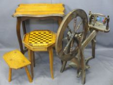 FURNITURE PARCEL comprising vintage milking stool, occasional table, musical sewing table and a