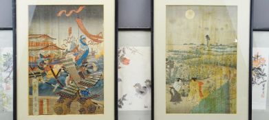 JAPANESE WOOD BLOCK & PAINTED SILK PICTURES, a quantity including two wood block prints - late