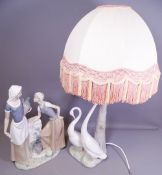 LARGE NAO PORCELAIN BIRD LAMP with tasselled shade, 67cms overall H and a large Nao porcelain