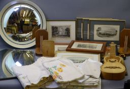 FRAMED ANTIQUE PRINTS, two vintage wall mirrors, oak bookends and other collectables