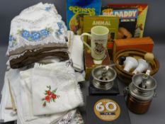 HOUSEHOLD LINEN, VINTAGE STYLE COFFEE GRINDERS, treen bowl and books ETC