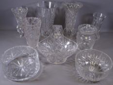 CUT GLASS & OTHER BASKET FORM & FLUTED VASES, FRUIT BOWLS and a lidded biscuit jar