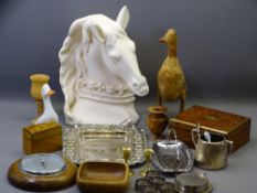 PLASTER HORSE'S HEAD, modern treen and boxes, EP tray, napkin rings and other collectables